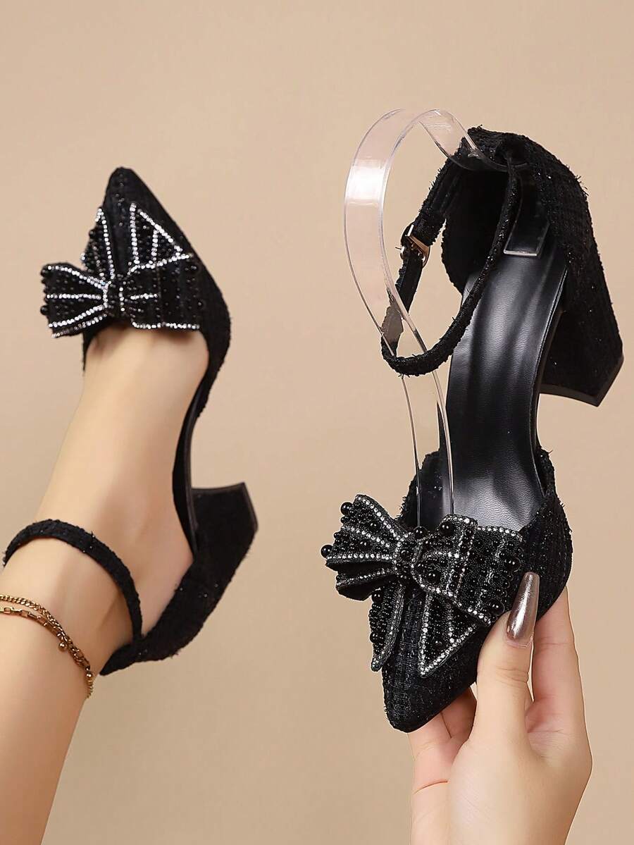 Fall/Winter 2025 Spring/Summer New Pointed Toe High Heel Sandals With Rhinestones, Bowknot Transparent Fairy Strap French Style,Elegant,Party