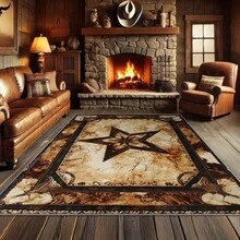 1pc Retro Western Cowboy Star-Themed Rustic Beige & Brown Area Rugs For Living Room, Floor Carpet For Bedroom, Carpets Home Decor Rugs, Homestay Hotel, Non-Slip Machine Washable Carpet, Home Decor Room Decor - Style 1 - View 1