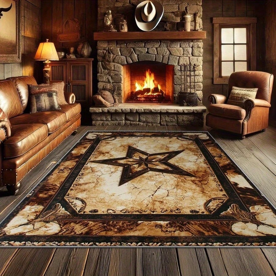 1pc Retro Western Cowboy Star-Themed Rustic Beige & Brown Area Rugs For Living Room, Floor Carpet For Bedroom, Carpets Home Decor Rugs, Homestay Hotel, Non-Slip Machine Washable Carpet, Home Decor Room Decor - Style 1 - View 1