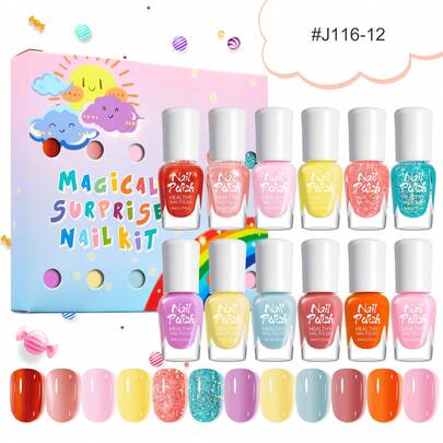 15件套（12瓶指甲油+3张美甲贴纸）儿童女孩水性免烤指甲油贴纸套装，马卡龙可爱色系，裸色、珠光色、超细闪粉指甲油（红色、黄色、蓝色、糖果色）、闪粉、美白、花朵美甲贴纸，适合儿童生日礼物、学校活动、暑假、家庭聚会、DIY美甲配件和礼物。