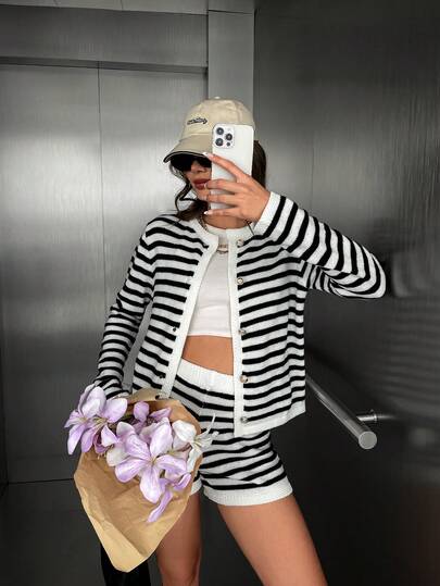 ARDOR's Women's 2-Piece Sweater Set, Black & White Striped. Women's Autumn/Winter Fashion Elegant Casual Contrast Striped Fitted Stylish Comfortable Home Simple Metal Button Decor Top Jacket Crew Neck Long Sleeve Knit Sweater & Shorts 2-Piece Set, 2025 Spring/Summer New Arrival