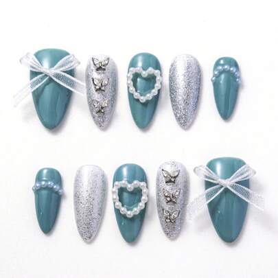 10 件短指甲片杏仁指甲片蝴蝶心形蕾丝丝带装饰闪亮钻石假指甲手工指甲