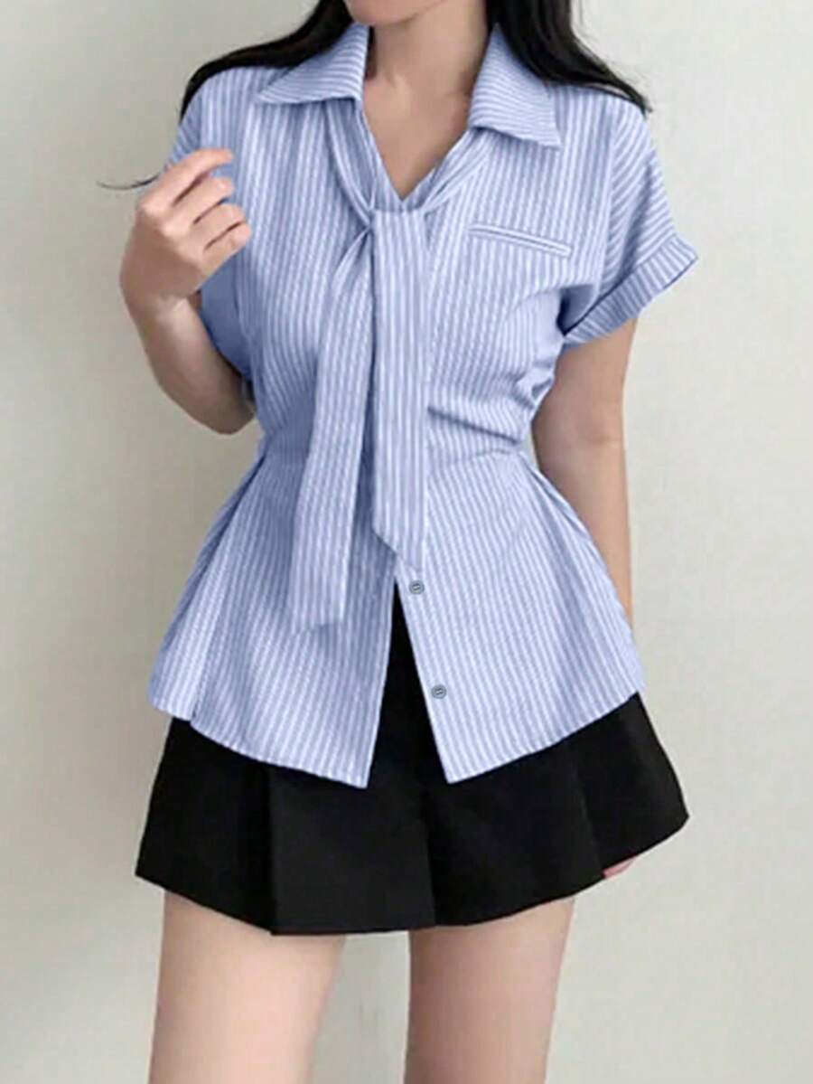 2025 春夏条纹印花时尚百搭女式纽扣短袖衬衫 - 藍色 - 查看 1