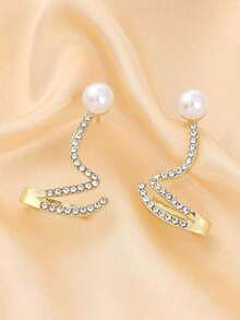 1pair Elegant And Simple Wave-Shaped Faux Pearl And Rhinestone Ear Studs Suitable For Women's Daily, Festivals Or Parties - 金黃色 - 查看 4