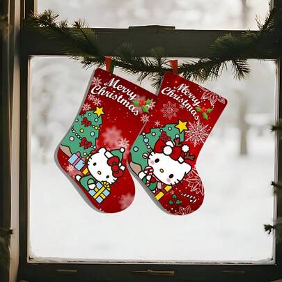 Sanrio 1 pieza Calcetín navideño de Hello Kitty - Estampado de gato KT de Año Nuevo, tela de felpa suave, patrón de copos de nieve, decoración navideña, adecuado para regalos, adornos, dulces y chocolates, regalo de Navidad perfecto para familiares y amigos