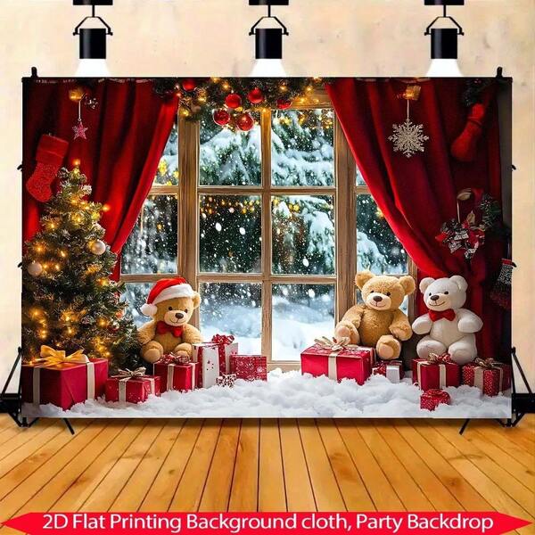 1pcFestive Teddy Bear Birthday Banner, Snowfall Window Scene With Christmas Tree And Gifts, Perfect For Holiday Parties, Winter Celebrations, New Year Gatherings, Home Decor, Photography Backdrop, Event DecorationsParty Decorations