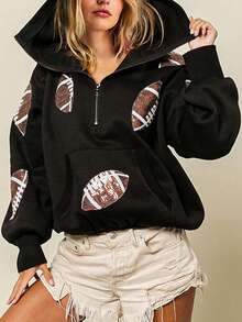 Womens Game Day Sweatshirts Football Sequin Hoodies Tailgate Outfits Long Sleeve Zipper Sweaters With Pocket - 黑色 - 查看 3