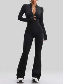 Aaseow 女式连体裤长袖瑜伽修身弹力连体衣健身女式黑色基本款运动服紧身拉链 - 黑色 - 查看 2