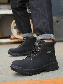 Men's Solid Color Classic High Top Plain Toe Steel Toe & Puncture Proof Safety Boots, Comfy Non Slip Durable Lace Up Work Shoes, Men's Constructional & Industrial Footwear - Black - View 4