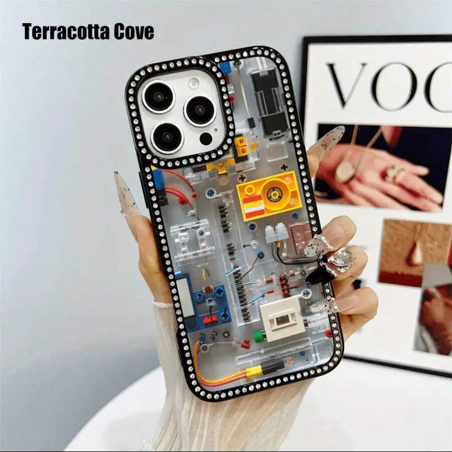 Linienstruktur doppelseitige diamantbesetzte 3-in-1 Handyhülle, geeignet für iPhone16promax, 16 15pro 14 14 Plus/14 Pro Max 13 13 Pro 12Pro 11pro Promax Serie.Anti-Rutsch und fleckenresistente weiche Hülle, geeignet für Männer und Frauen mit Diamantverzierung - Pink - Übersicht 1