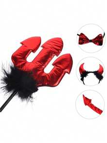 Halloween Demon Cosplay Props Accessories Set Halloween Party Demon Fork Headband Tail Ears Horns Red