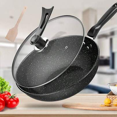 30cm Non-Stick Frying Pan With Glass Lid | Granite Coating Induction Hob Compatible Frying Pan Set | Healthy Cooking, Easy Clean | Includes Free Bamboo Spatula