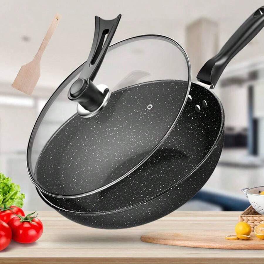 30cm Non-Stick Frying Pan With Glass Lid | Granite Coating Induction Hob Compatible Frying Pan Set | Healthy Cooking, Easy Clean | Includes Free Bamboo Spatula - Black - View 1