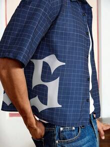 男士宽松字母格纹印花短袖梭织衬衫，街头潮流必备单品 - 藏蓝色 - 查看 4