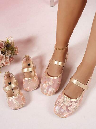 1 par de zapatos planos y sin cordones con diseño de corazón y diamante bordado en malla para niñas, estilo princesa, moda, suaves y ligeros, punta redonda, cierre de , a juego con el tamaño de mamá, adecuado para niñas de 2 a 14 años, para todas las estaciones, fiesta, vacaciones