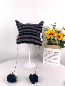 1pc Punk Gothic Y2K Cute Black White Beanie Hats Striped Cat Ears Wool Hat Women Autumn Winter Warm Little Devil Knitted Crochet Beanie Hat Winter Women - Multicolor - View 5