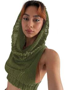 Women Knitted Hoodie Sweater Vest Sleeveless Hollow Out Hooded Crop Top Streetwear Rave Oufit - 墨綠色 - 查看 1