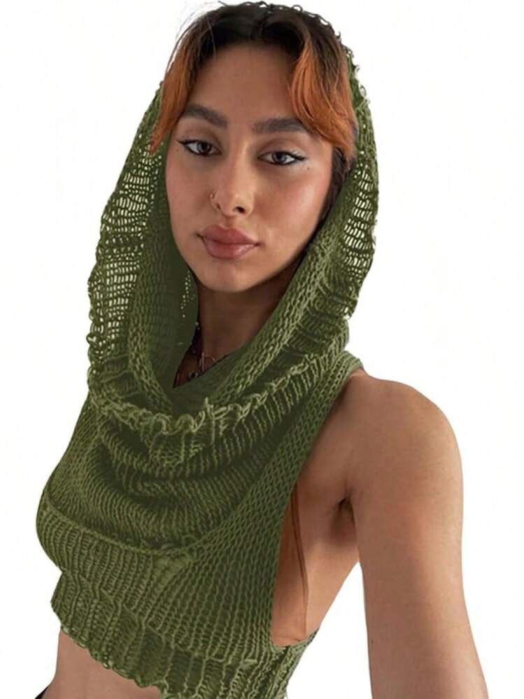 Women Knitted Hoodie Sweater Vest Sleeveless Hollow Out Hooded Crop Top Streetwear Rave Oufit - Dark Green - View 1