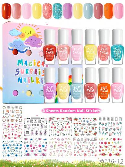 15件套（12瓶指甲油+3张美甲贴纸）儿童女孩水性免烤指甲油贴纸套装，马卡龙可爱色系，裸色、珠光色、超细闪粉指甲油（红色、黄色、蓝色、糖果色）、闪粉、美白、花朵美甲贴纸，适合儿童生日礼物、学校活动、暑假、家庭聚会、DIY美甲配件和礼物。