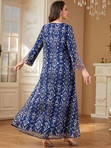 女士穆斯林长袍，伊斯兰迪拜端庄刺绣奢华时尚高贵长袍，阿巴雅长袍，开斋节阿拉伯长裙 - 藏蓝色 - 查看 4