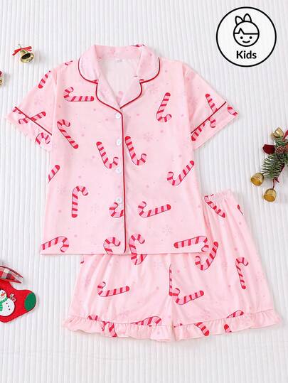 2pcs Christmas Kids Short Sleeve Pajama Set, Cute Candy Cane Print Cozy Sleepwear, Collared Shirt & Shorts, Christmas Gift For Girls