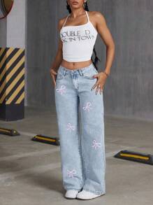 青少年女孩宽松时尚舒适蝴蝶印花喇叭牛仔裤 - 淺色水洗藍 - 查看 3