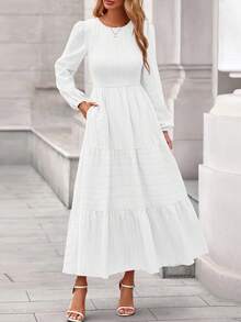 Womens Long Sleeve Fall Dresses Casual Crew Neck Smocked High Waist Tiered Flowy Maxi Dress With Pockets - 白色 - 查看 3