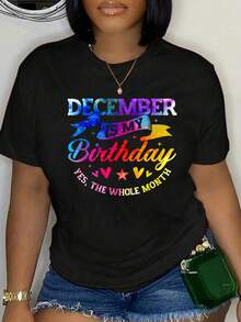 100% Cotton December Is My Birthday, Born In December, Funny Birthday T-Shirt Women's Men's Streetwear Graphic Tee Black Crew Neck Vacation Tops - 黑色 - 查看 1