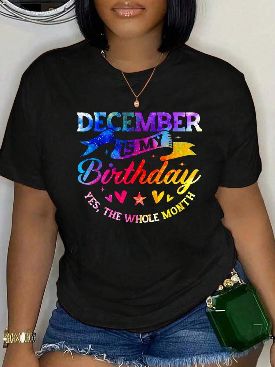 100% Cotton December Is My Birthday, Born In December, Funny Birthday T-Shirt Women's Men's Streetwear Graphic Tee Black Crew Neck Vacation Tops - 黑色 - 查看 1