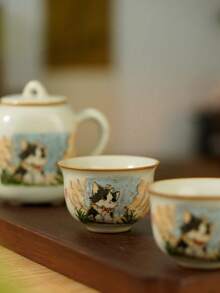 1/2件中国汝窑可爱猫咪茶杯，坐猫图案外沿小圆杯，个人马克杯，小容量水杯，适合农历新年送礼，拜访亲朋好友，茶友收藏 - 彩色 - 查看 2