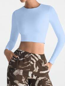 XLLAIS 秋季新款小圆领长袖修身T恤弹力双层露脐女式上衣