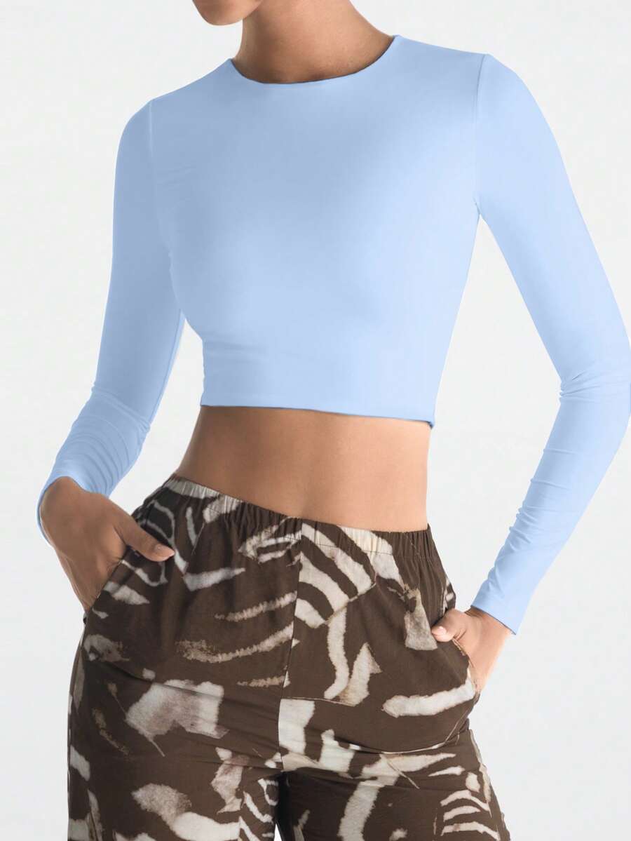 XLLAIS 秋季新款小圆领长袖修身T恤弹力双层露脐女式上衣