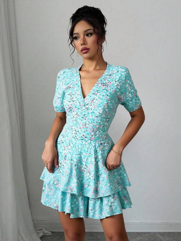 Vestido corto mujer estampado floral y plantas manga corta escote v verano casual día cordon ajustable bajo capas casual vacaciones primavera verano calle fiesta desayuno jardín calor