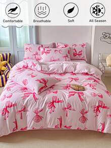 2/3pcs Pink Bow Printed Polyester Duvet Cover Set, Cute & Modern Children/Teen Girls All Season Bedding Set, Soft & Breathable, Machine Washable (1 Duvet Cover + 1/2 Pillowcase) - Pink - View 2
