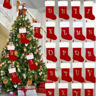 字母图案圣诞袜，2026款圣诞袜，英文字母圣诞挂袜，双面壁炉挂袜，适用于圣诞派对装饰、新年派对礼物、礼品用品，个性化首字母圣诞袜，家庭节日圣诞派对装饰、家居装饰、圣诞装饰、房间装饰、冬季圣诞装饰、家居圣诞礼物、圣诞装饰
