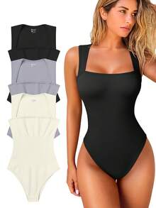 OQQ 3 Piece Bodysuits For Women Sexy Ribbed Strappy Square Neck Stretch Tank Tops Bodysuits - 黑,灰,米 - 查看 1