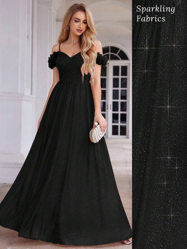 春季露肩无袖黑色伴娘礼服，露背设计，优雅闪亮，适合正式晚宴、派对和半正式场合。