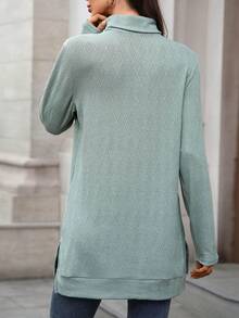 Damska luźna koszulka z długim rękawem i wysokim kołnierzem, z rozcięciem z boku, idealna do dojazdów do pracy i na wycieczki, modna bluzka na wiosnę/jesień 2025