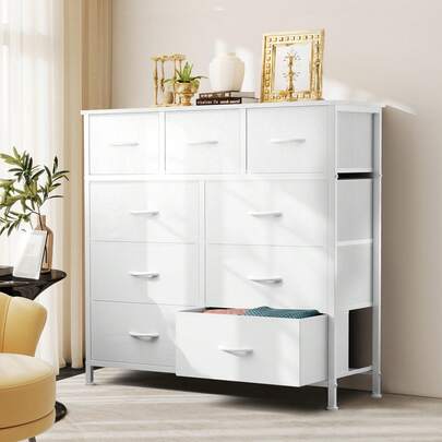  Sweetcrispy 9 Tall Fabric Clothes Cabinet Storage Organizers And Wood Top Surface Table Chest Of Drawers, 9 Drawer Dresser,Grids Grid Cabinet  Fabric Storage Tower For Bedroom, Hallway, Entryway, Closet, Tall Chest Organizer Unit With Fabric Bins, Steel Frame, Wood Top, Easy Pull Handle, Charcoal,White