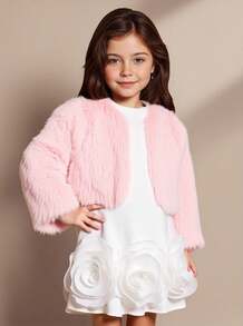 SHEIN 年轻女孩时尚蓬松装饰开衫背心，秋冬优雅休闲外套 - 藕粉色 - 查看 1