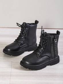 1 Pair Children's Outdoor Sport Boots With Side Zipper, Lace-Up, Anti-Slip, Suitable For School And Commute, Autumn/Winter - Black - View 8