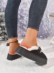 1 Pair Solid Color Casual Fabric Strap Platform Shoes, Suitable For Home Wear In Autumn/Winter,Fur Shoes,Mule Shoes - Black - View 6