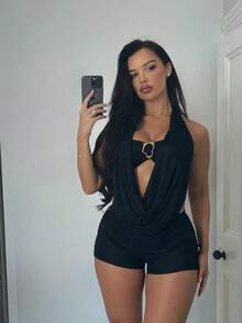 Women Elegant Halter Neck Tube Top Jumpsuit Lace Up Backless Club Party One Piece Outfit - màu đen - Xem 1