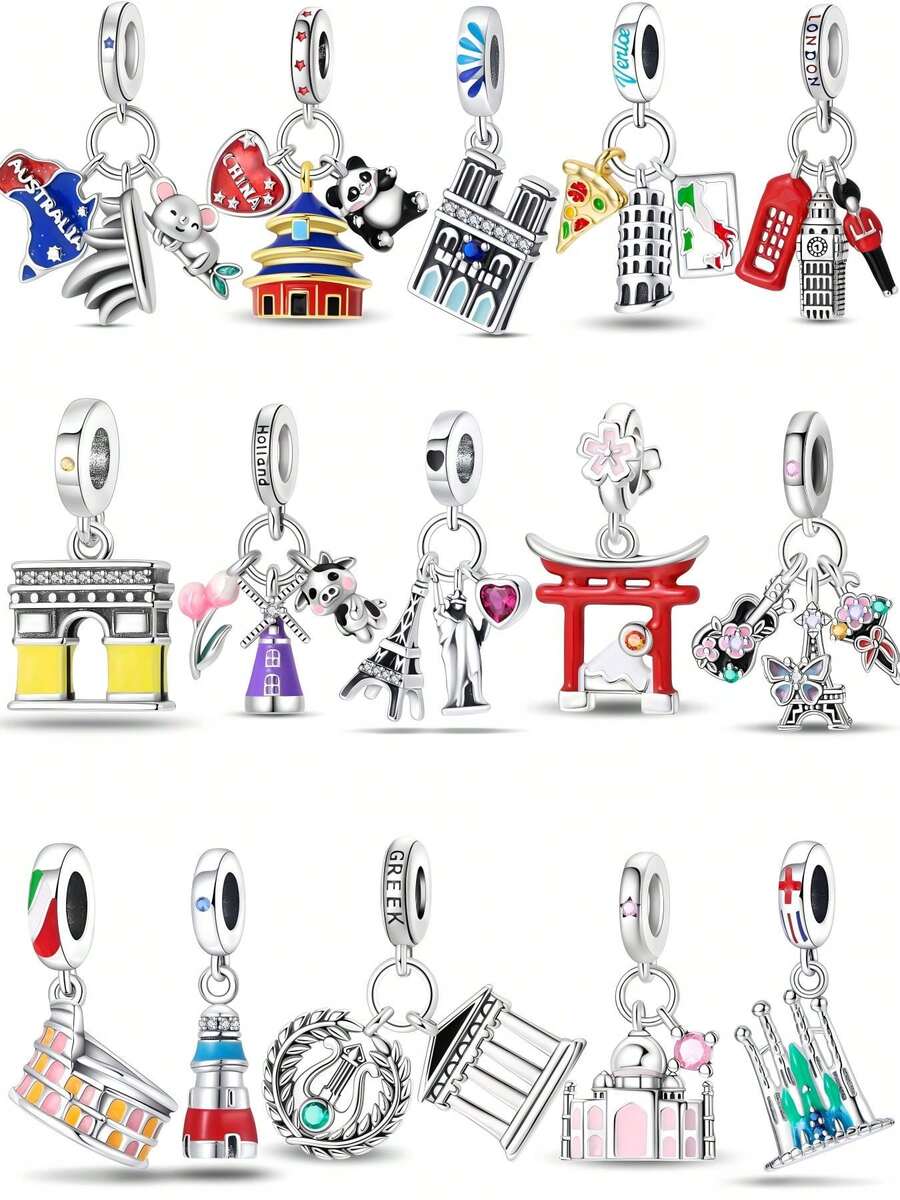 1Count DIY National Landmark And Pet Three Pieces Pendant; Beijing Panda CHINA Love, Australia Sydney Koala, Dutch Windmill Tulip, London Big Ben, Taj Mahal, Japanese Attractions, Greek Temples, Etc., Make Perfect Pandala Bracelets Essential Accessories; Gifts For Christmas, Tourist Vacations, Halloween, Etc - Multicolor - View 1
