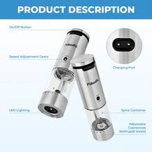 SUSTEAS Sea Salt And Pepper Grinder, Rechargeable With Charging Base, Set Of 2, Can Be Operated With One Hand, 6 Selectable Grind Settings, Kitchen Seasoning,304 Stainless Steel - Thép không gỉ - Xem 3