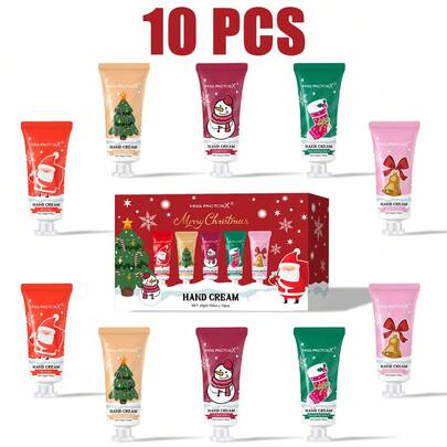MISS FACTORX Set de 10 piezas de crema de manos de Navidad - Hidratación profunda, extractos vegetales, fragancia duradera, acabado mate, empaque elegante, adecuado para el cuidado de la piel seca, crema de manos, cuidado diario de la piel, cuidado de la piel complejo, ingredientes naturales