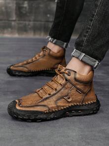Zapatos casuales de media caña hechos a mano para hombres, zapatos deportivos simples y de moda con cordones, adecuados para uso diario, senderismo al aire libre, trekking, correr, color marrón, talla grande