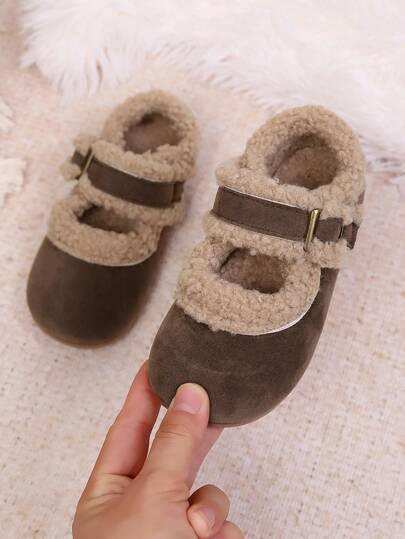Toddler Kids Warm Plush Hook And Loop Round Toe Flat Slip-On Furry Shoes, Suitable For Autumn/Winter