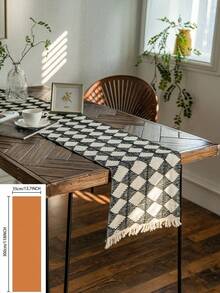 1 khăn trải bàn kiểu Mỹ, họa tiết kẻ caro đen trắng, thiết kế tua rua dệt tay, đa năng cho ăn uống, tiệc tùng, dã ngoại, đạo cụ chụp ảnh, trang trí không gian, phong cách châu Âu - Đen và trắng - Xem 23