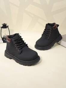 1 Pair Black Toddler/Kids Short Boots, Soft Suede PU Material, Front Lace-Up, Side Zipper, Round Toe, Soft Sole, Retro British Style, Warm & Cute, Suitable For Boys & Girls Everyday/School Wear, Autumn/Winter New - Black - View 6